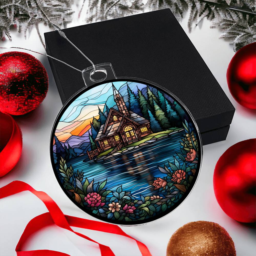 Stained Glass Lake House Christmas Ornament - Handcrafted Holiday Decor for Your Home-[Heartfelt Family Gift]