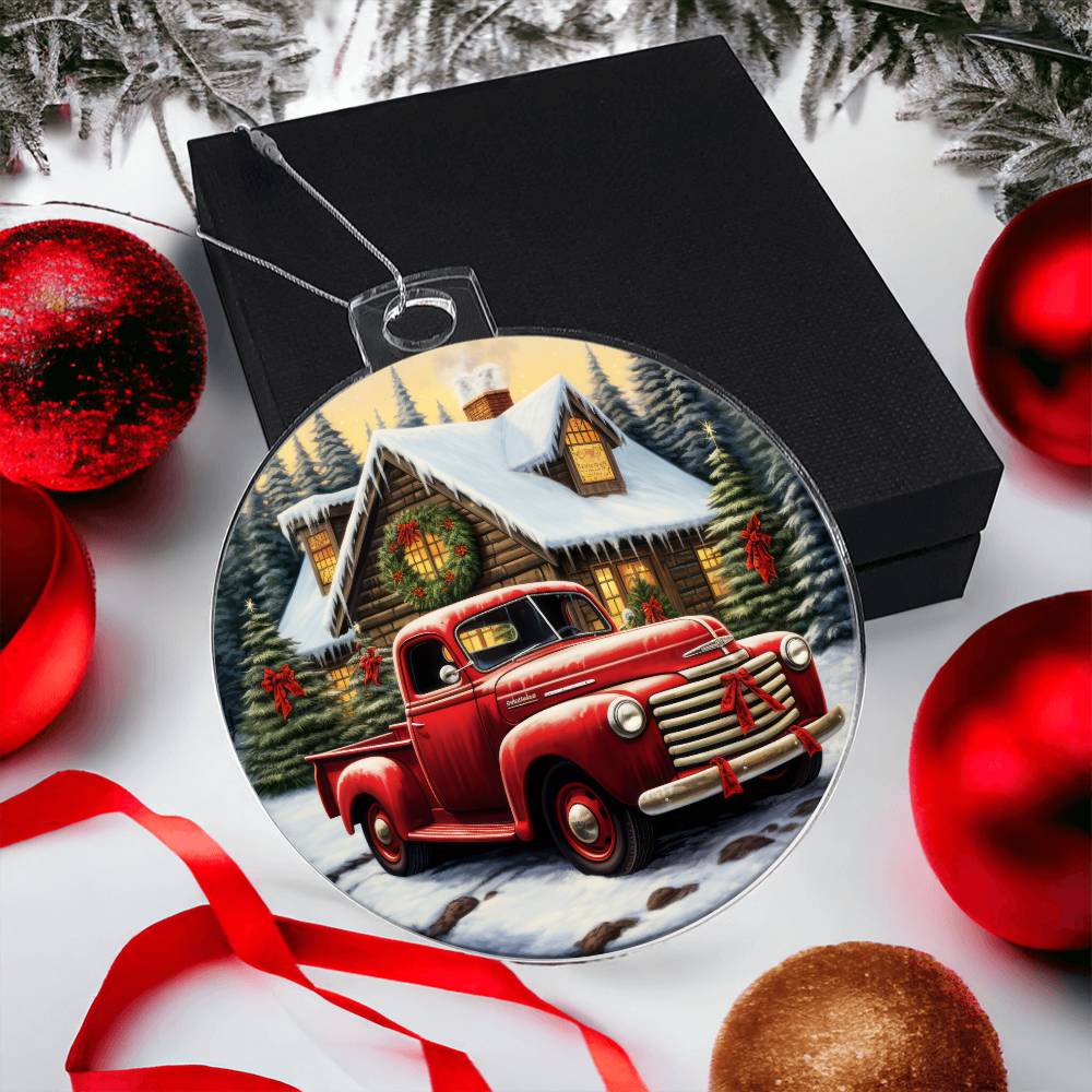 Red Pickup Truck Acrylic Christmas Ornament-[Heartfelt Family Gift]