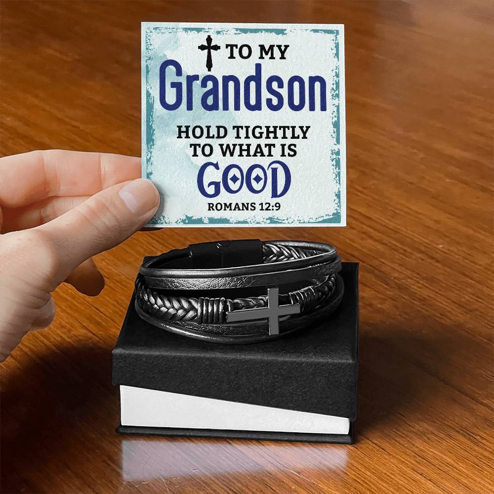 Grandson  Romans 12:9 Mens Cross Bracelet-[Heartfelt Family Gift]
