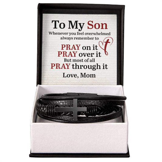 Son Pray on It Over It and Through It Men's Cross Bracelet-[Heartfelt Family Gift]