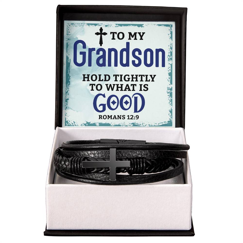 Grandson  Romans 12:9 Mens Cross Bracelet-[Heartfelt Family Gift]