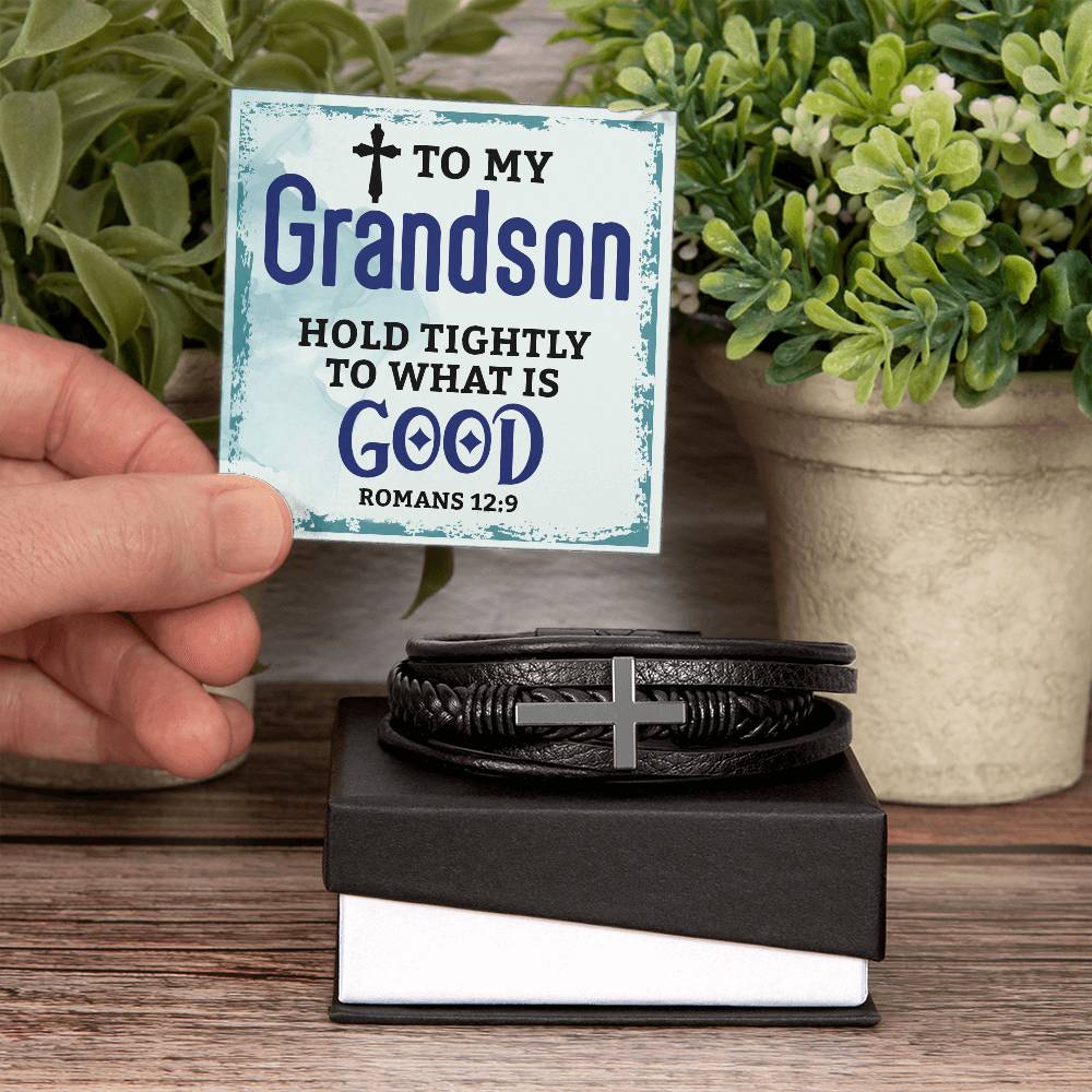 Grandson  Romans 12:9 Mens Cross Bracelet-[Heartfelt Family Gift]