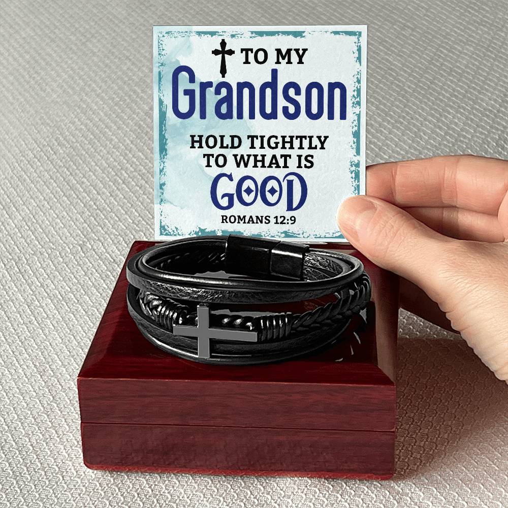 Grandson  Romans 12:9 Mens Cross Bracelet-[Heartfelt Family Gift]