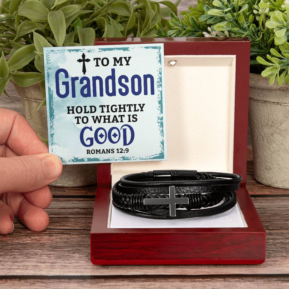 Grandson  Romans 12:9 Mens Cross Bracelet-[Heartfelt Family Gift]