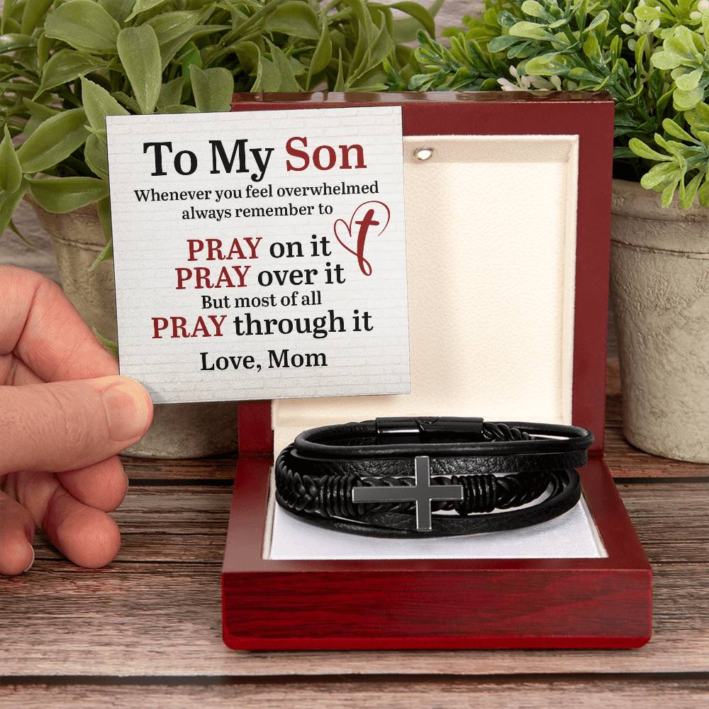 Son Pray on It Over It and Through It Men's Cross Bracelet-[Heartfelt Family Gift]