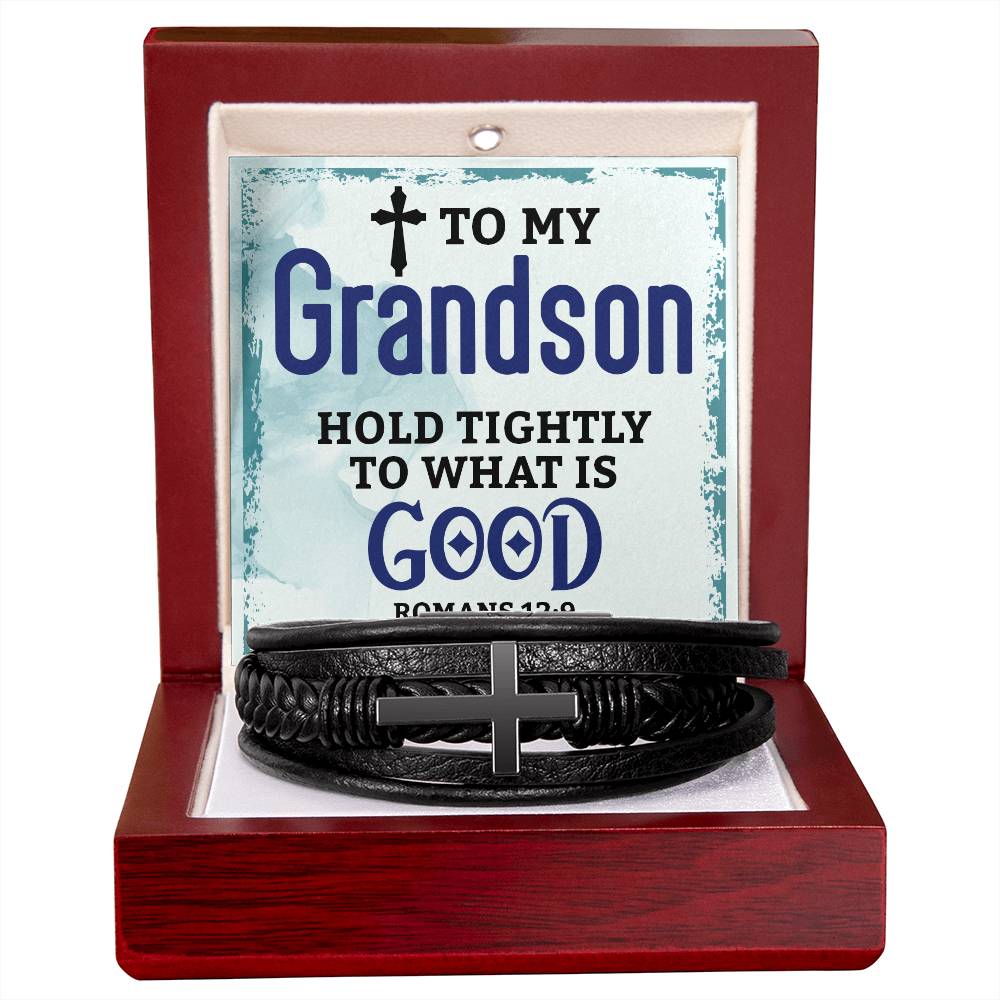 Grandson  Romans 12:9 Mens Cross Bracelet-[Heartfelt Family Gift]