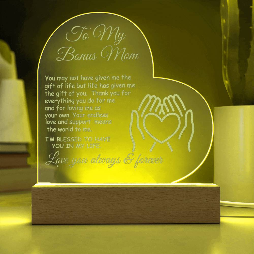 Bonus  Mom Engraved Acrylic Heart Gift for Stepmom-[Heartfelt Family Gift]