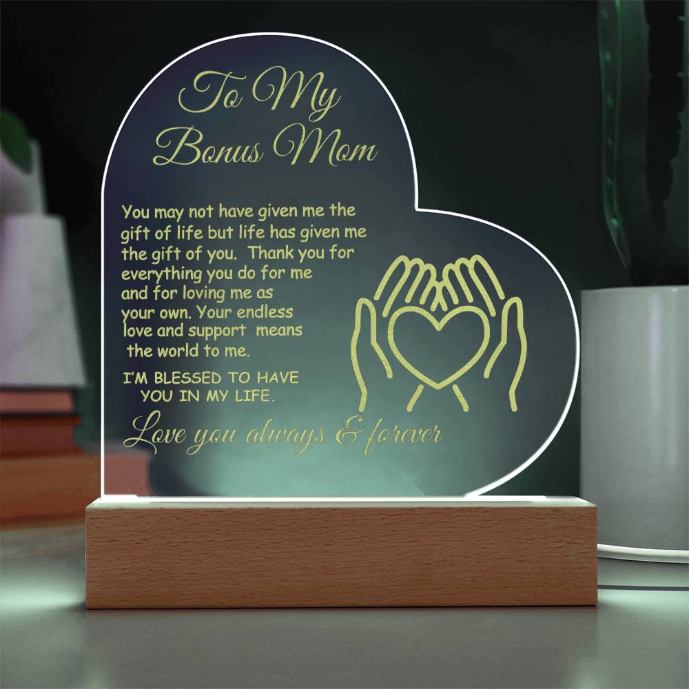 Bonus  Mom Engraved Acrylic Heart Gift for Stepmom-[Heartfelt Family Gift]