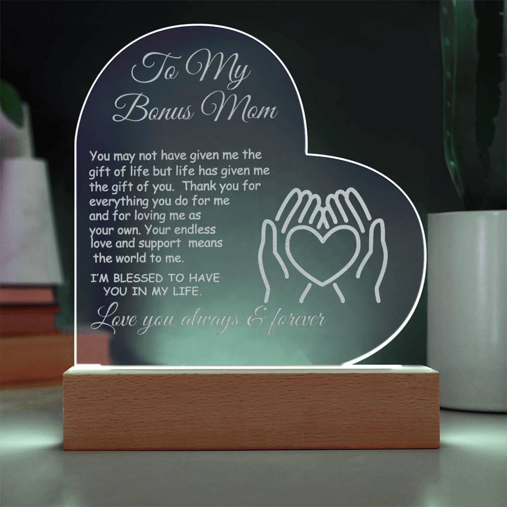 Bonus  Mom Engraved Acrylic Heart Gift for Stepmom-[Heartfelt Family Gift]