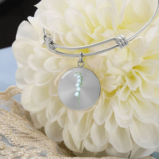 May Birth Flower Lily of The Valley Engraved Bangle Bracelet-[Heartfelt Family Gift]