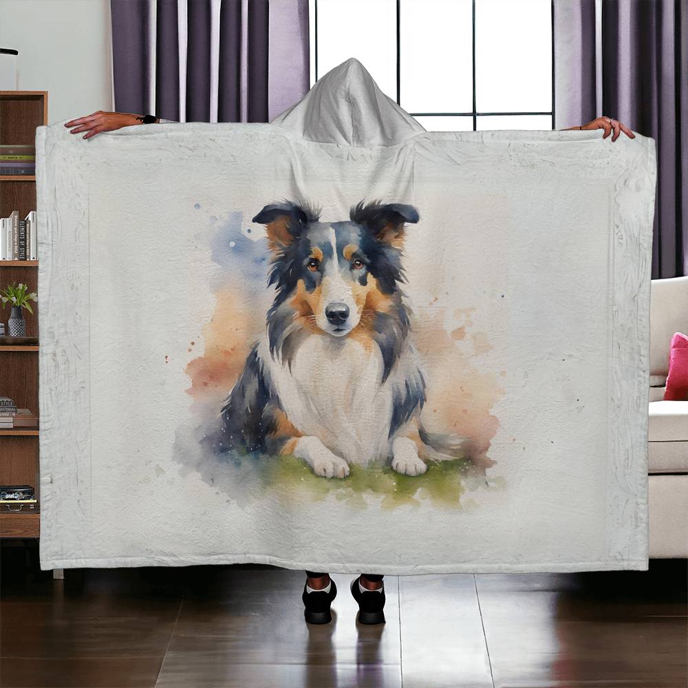 Watercolor Collie Sherpa Hooded Blanket-[Heartfelt Family Gift]