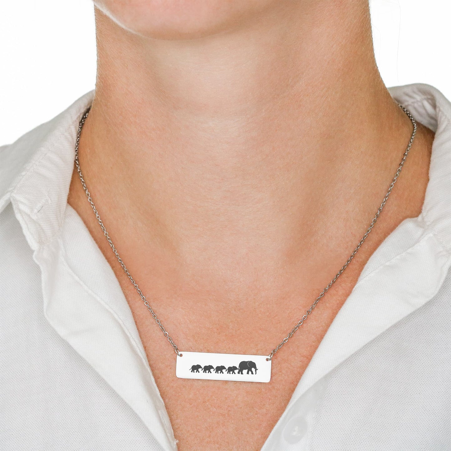 Elephant Mom Engraved Vertical Bar Necklace 4 Elephants