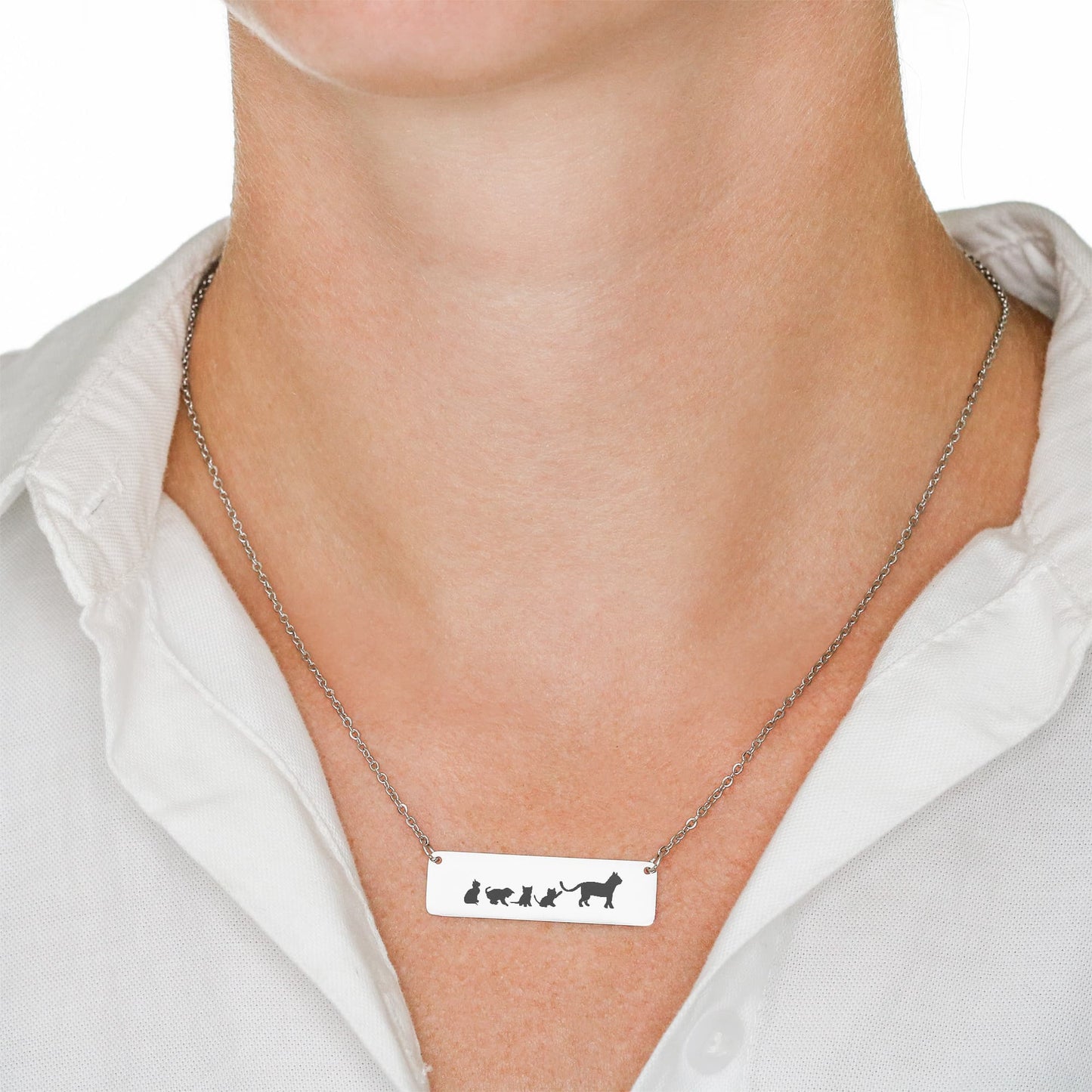 Mama Cat Engraved Vertical Bar Necklace 2 Kittens