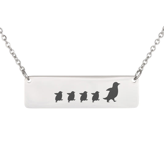 Mama Penguin Engraved Vertical Bar Necklace 3 Penguins