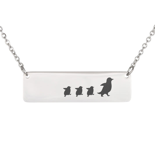 Mama Penguin Engraved Vertical Bar Necklace 3 Penguins