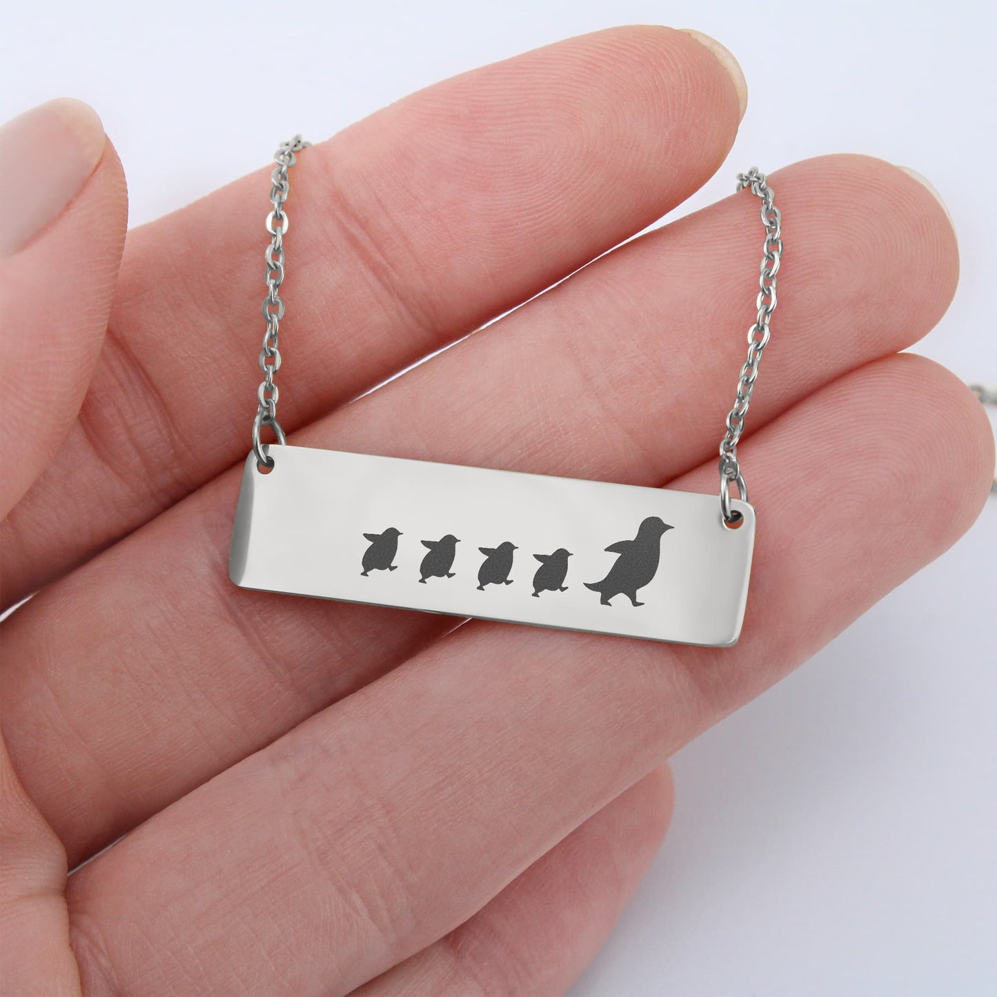 Mama Penguin Engraved Vertical Bar Necklace 3 Penguins