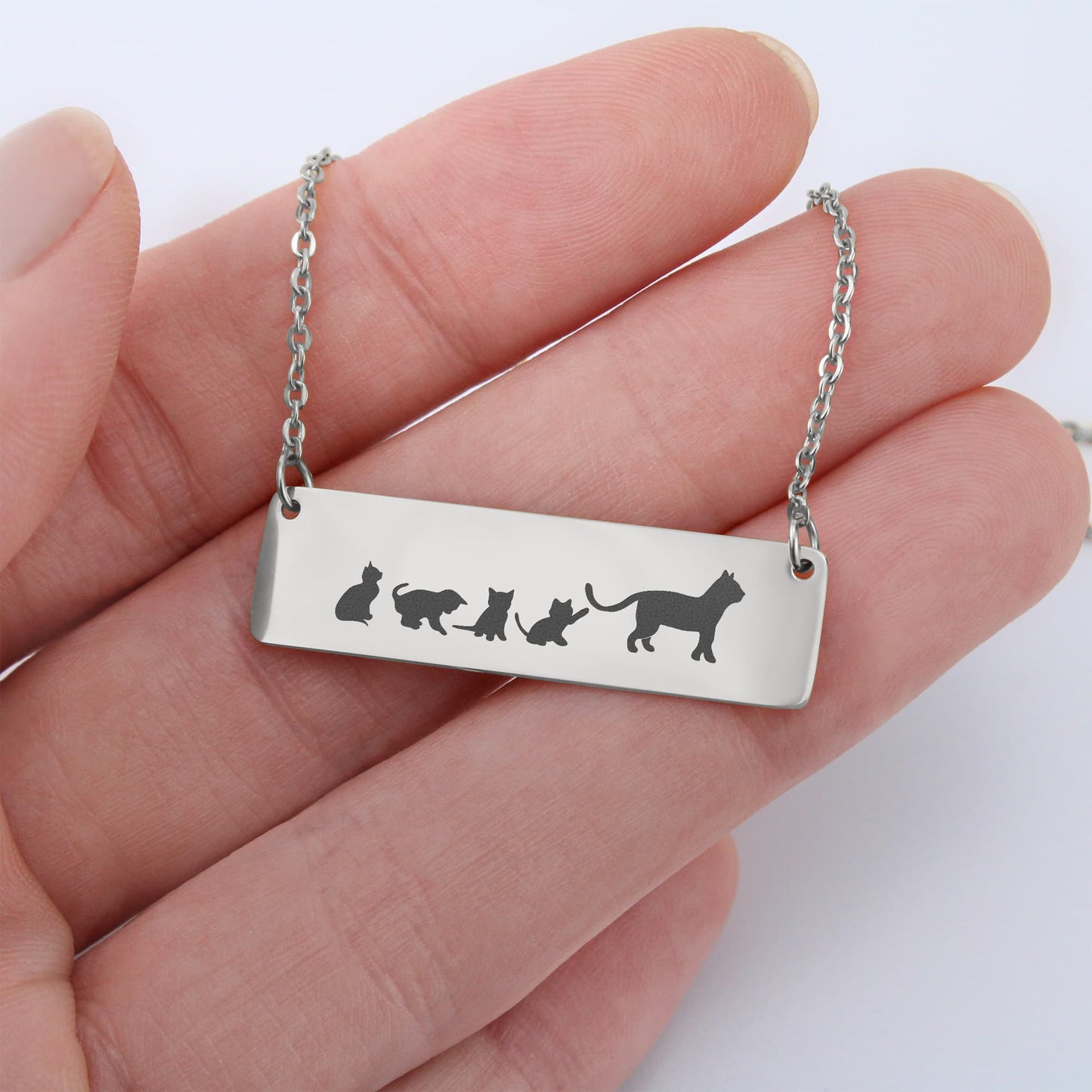 Mama Cat Engraved Vertical Bar Necklace 2 Kittens