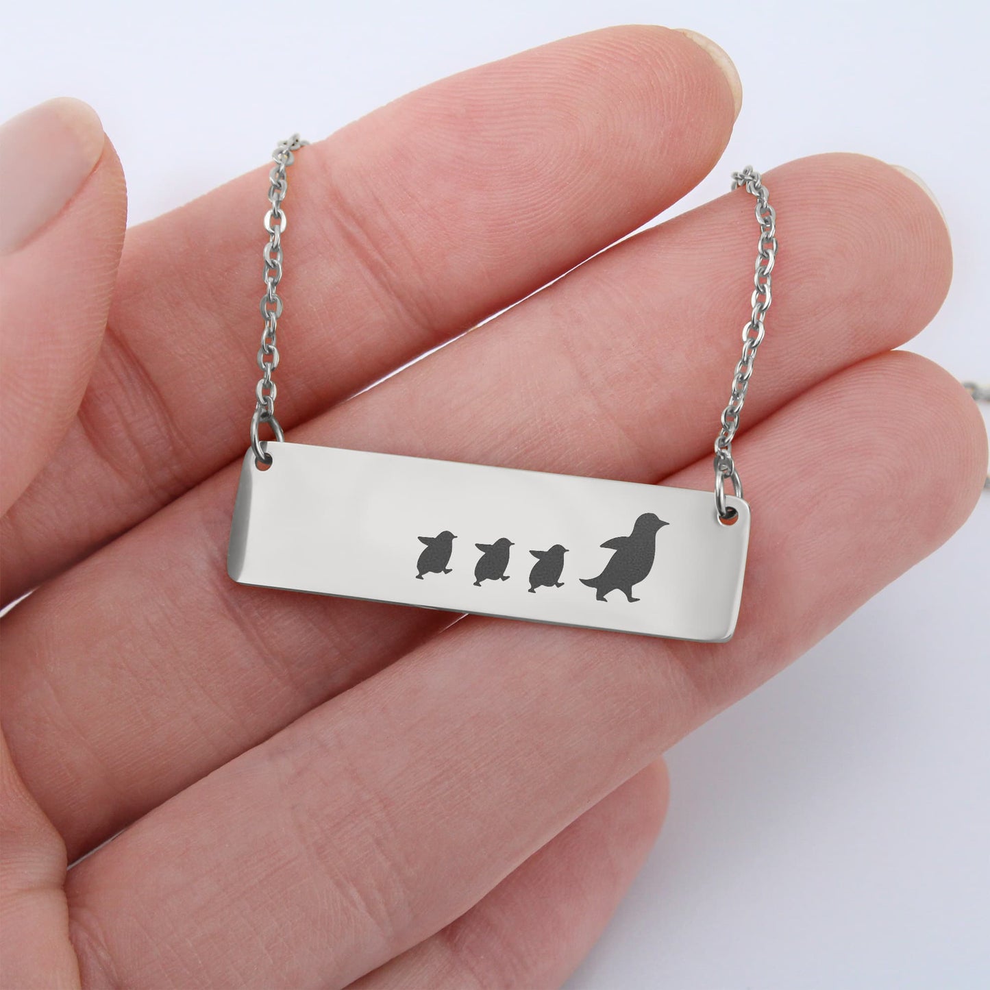 Mama Penguin Engraved Vertical Bar Necklace 3 Penguins