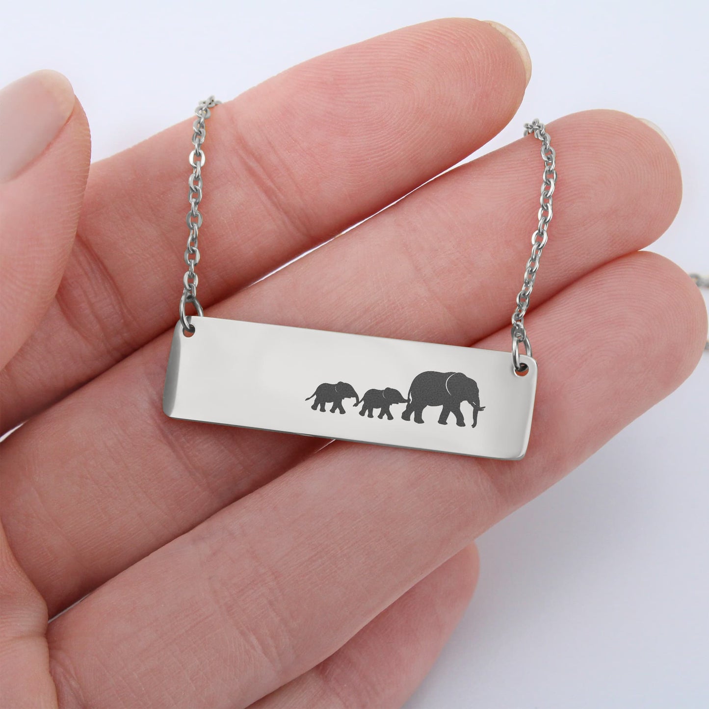 Elephant Mom Engraved Vertical Bar Necklace 2 Elephants