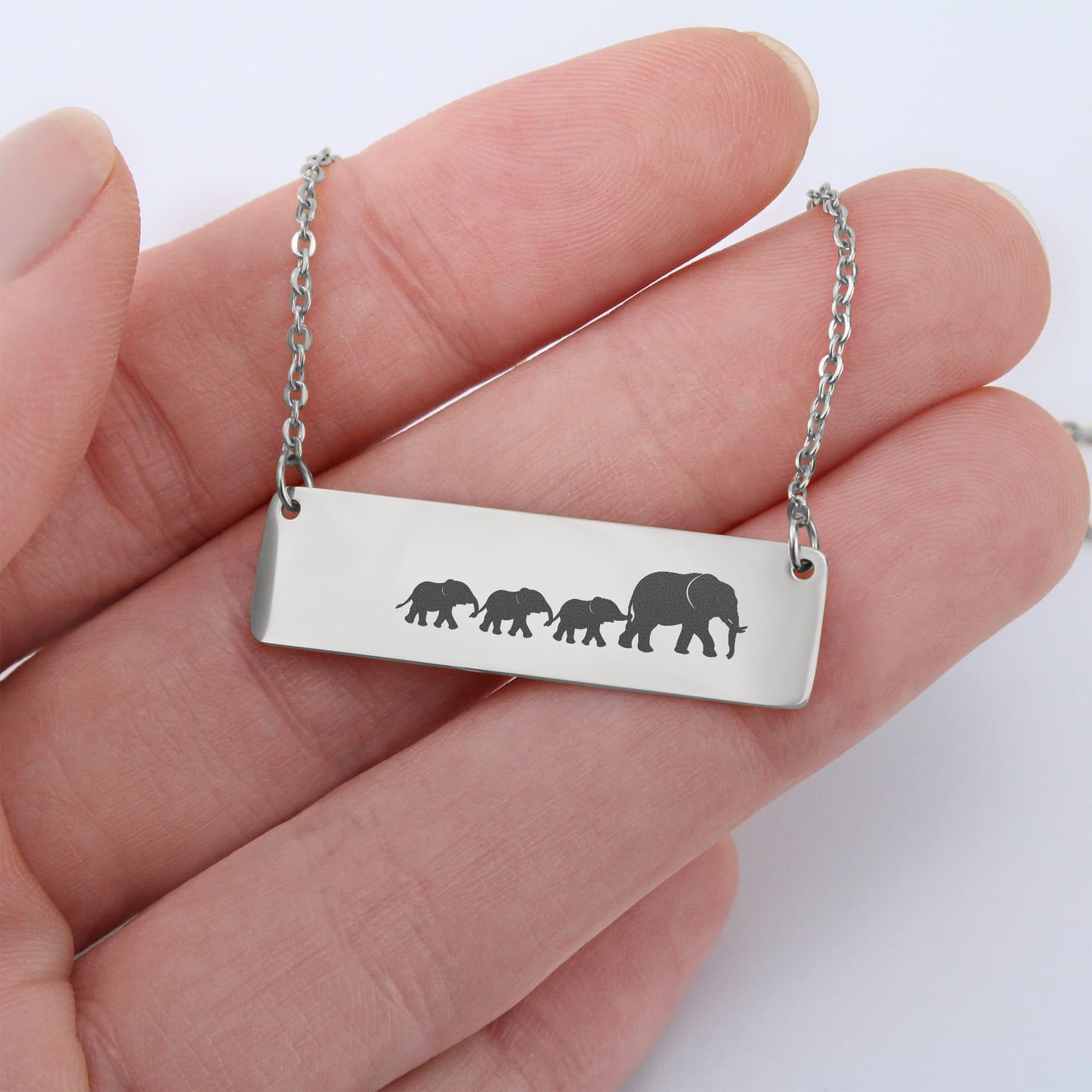 Elephant Mom Engraved Vertical Bar Necklace 3 Elephants