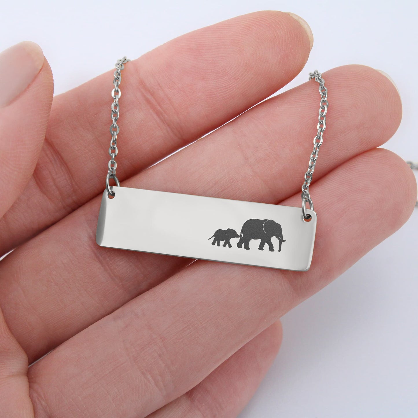 Elephant Mom Engraved Vertical Bar Necklace 2 Elephants