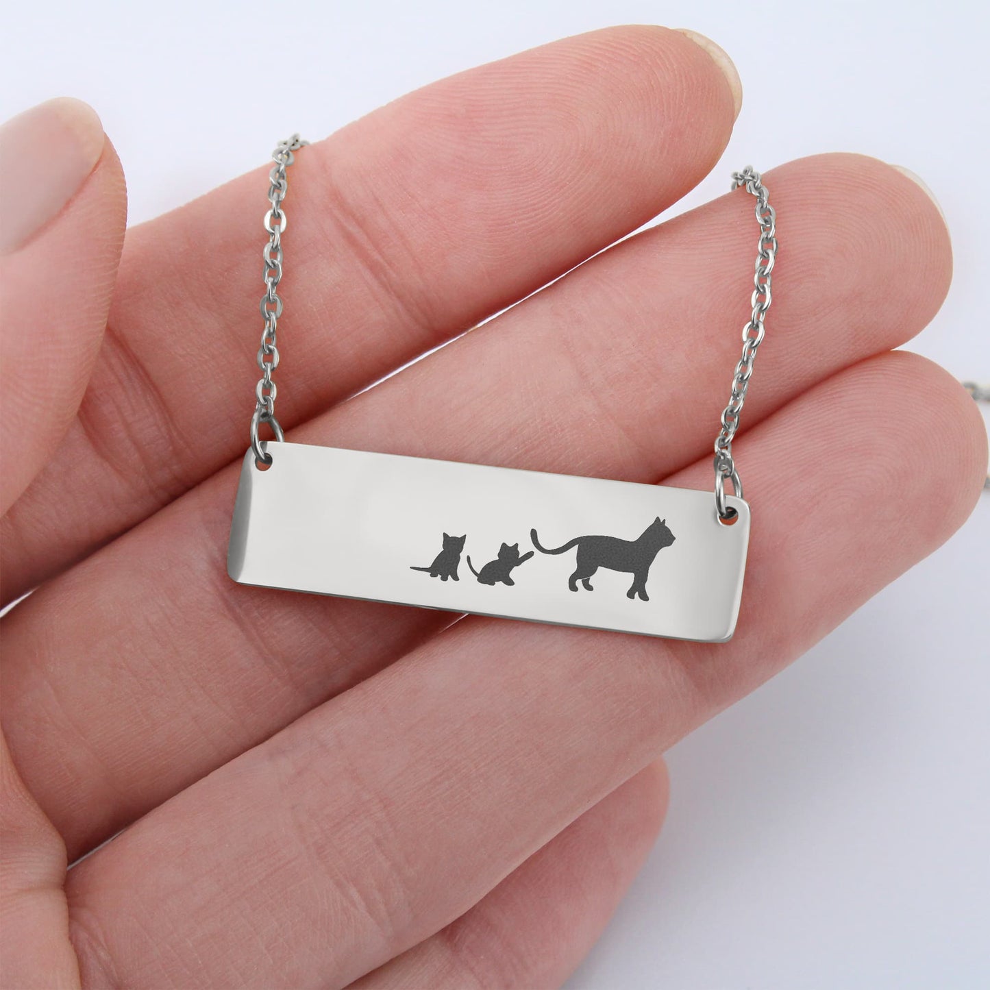 Engraved Vertical Bar Necklace 2 Kittens