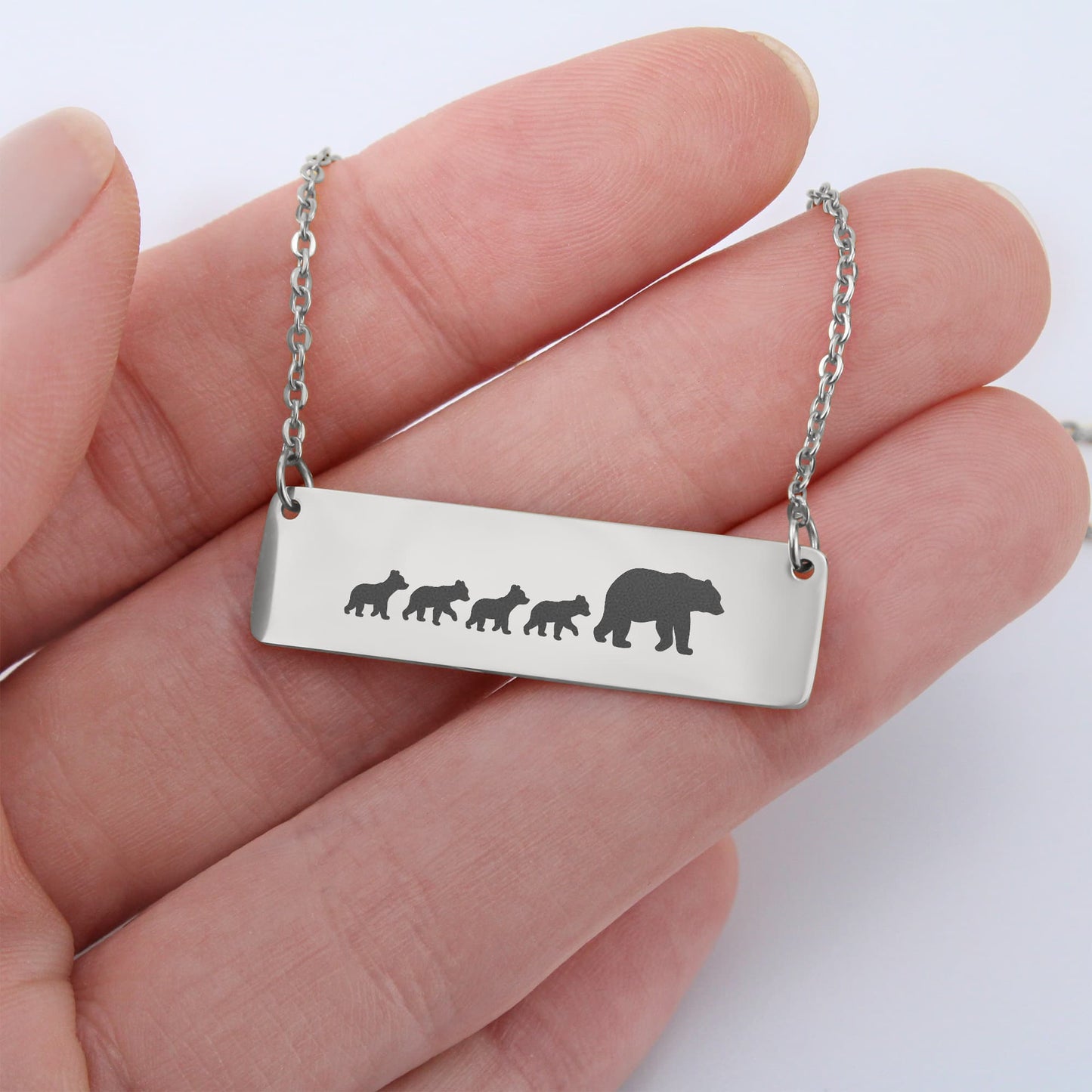 Mom Bear Engraved Vertical Bar Necklace 4 Cubs