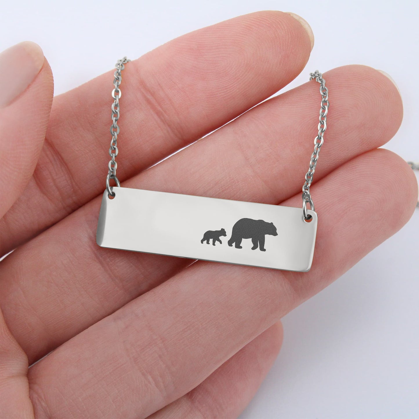 Mom Bear Engraved Vertical Bar Necklace 1 Cub