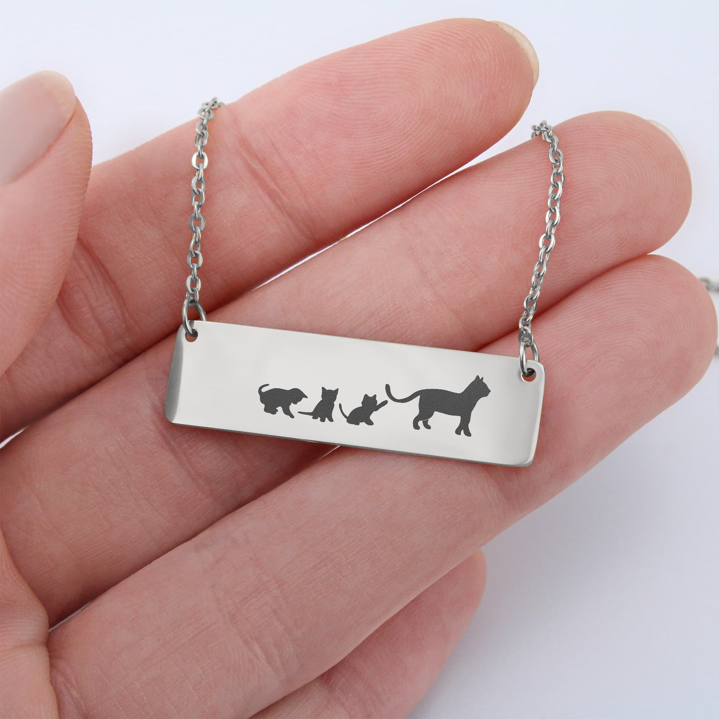Engraved Vertical Bar Necklace 3 Kittens