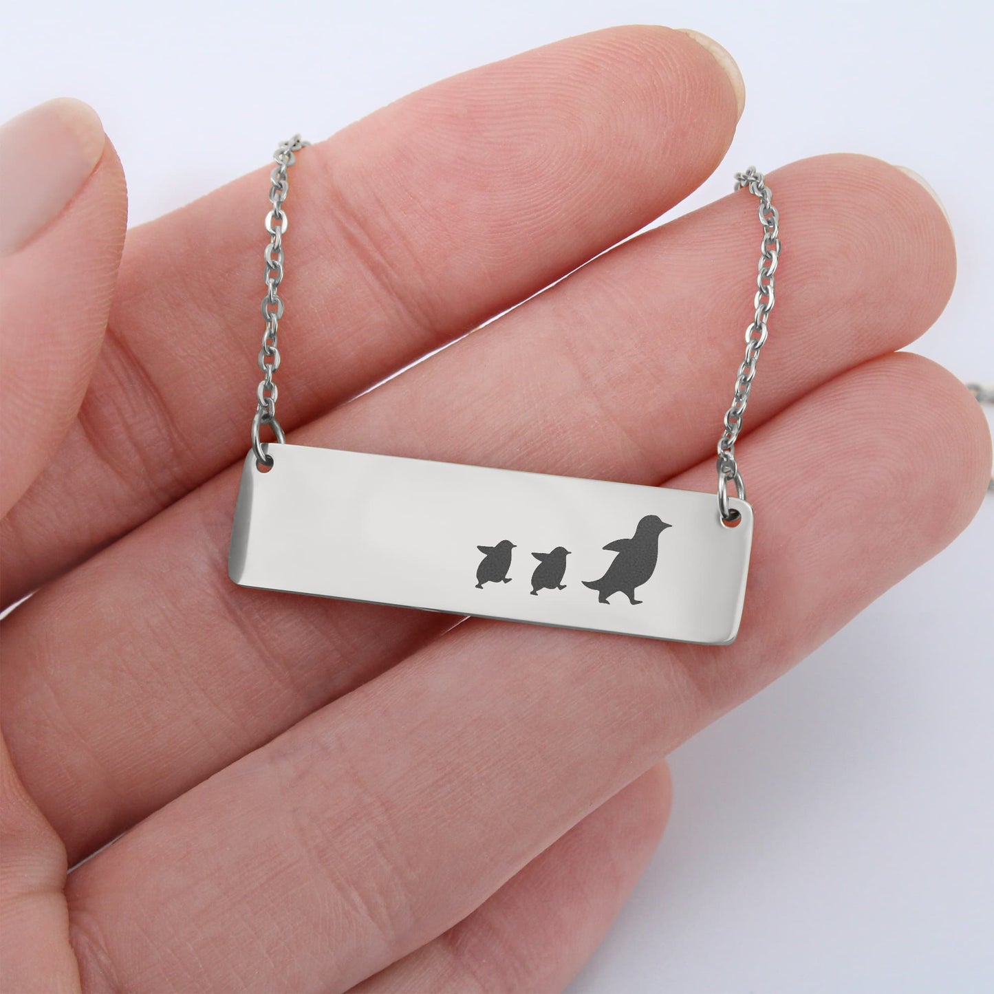 Mama Penguin Engraved Vertical Bar Necklace 2 Penguins
