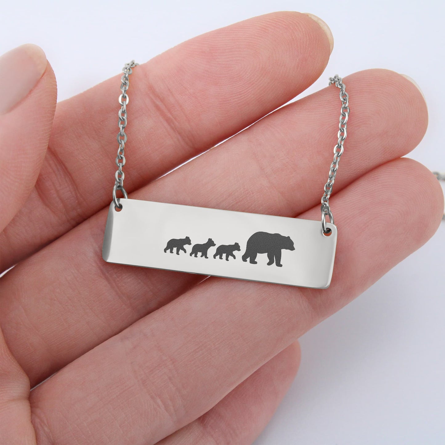 Mom Bear Engraved Vertical Bar Necklace 3 Cub