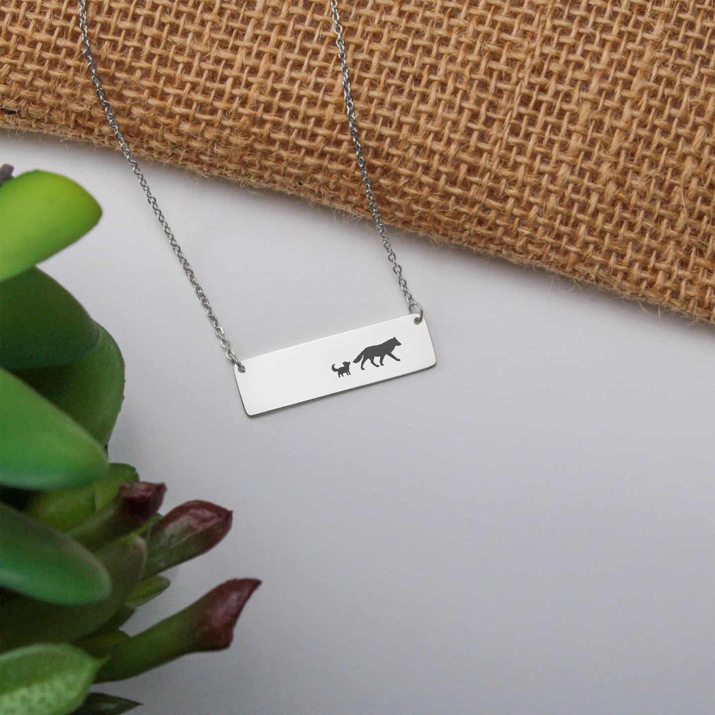 Mama Wolf Engraved Vertical Bar Necklace - 1 Wolf