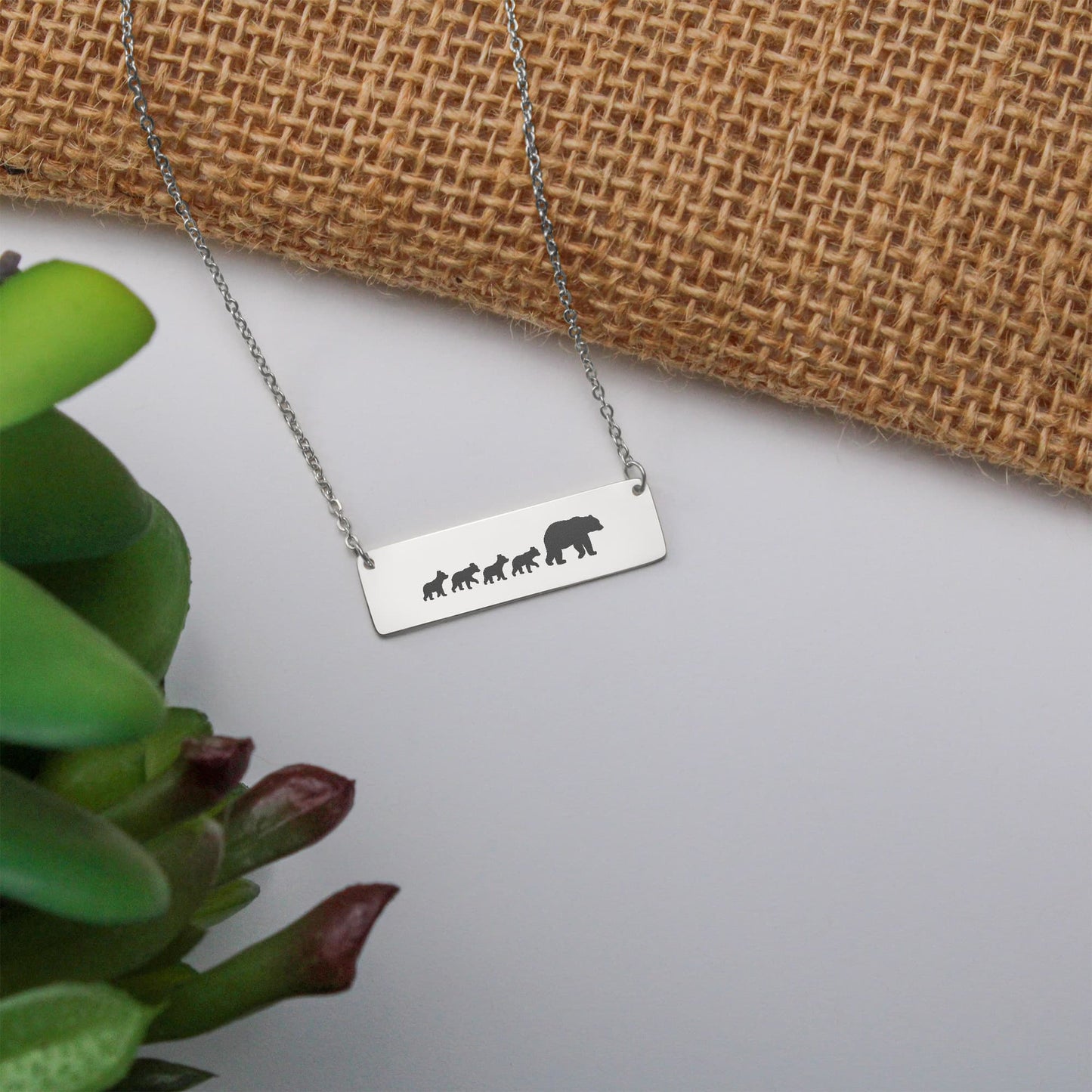 Mom Bear Engraved Vertical Bar Necklace 4 Cubs