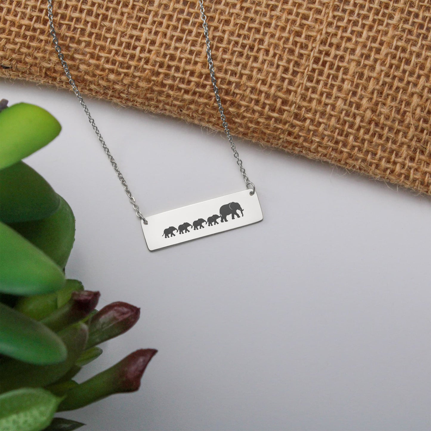 Elephant Mom Engraved Vertical Bar Necklace 4 Elephants