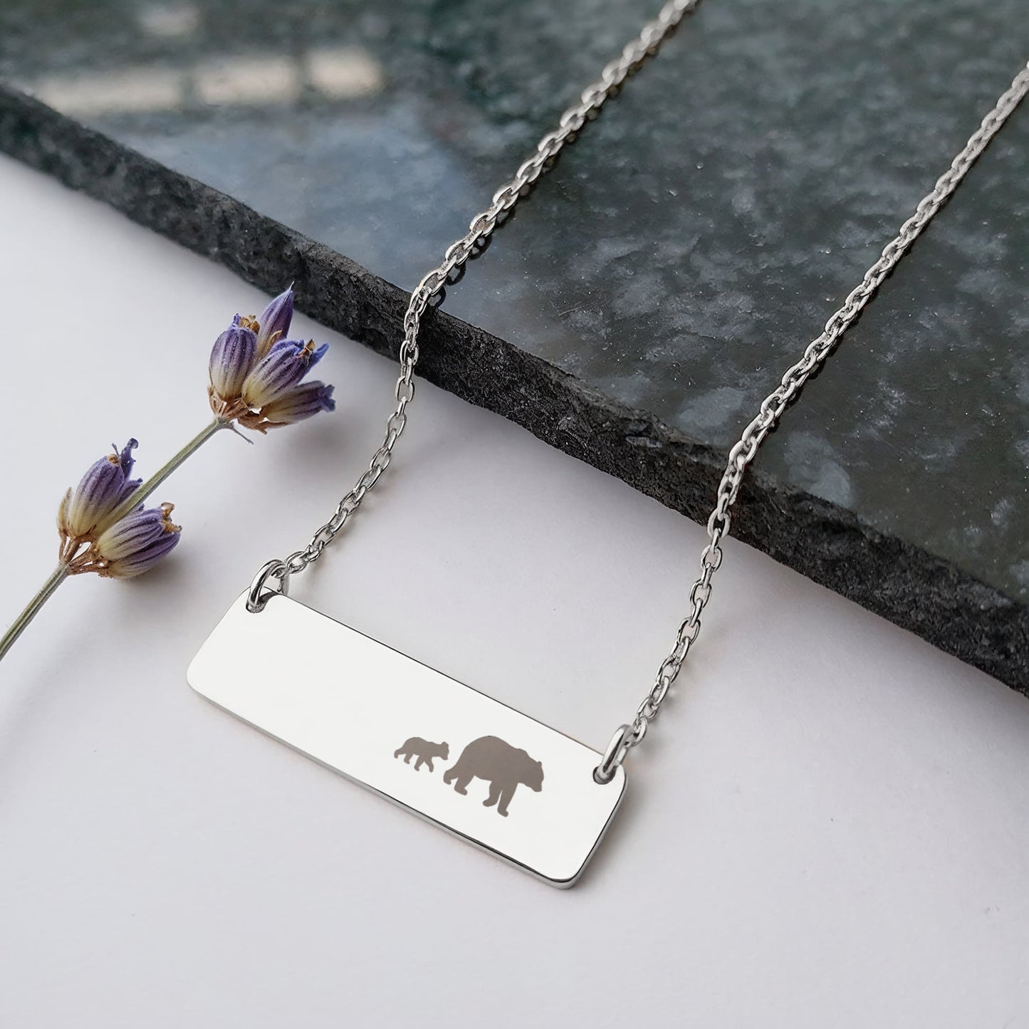 Mom Bear Engraved Vertical Bar Necklace 1 Cub