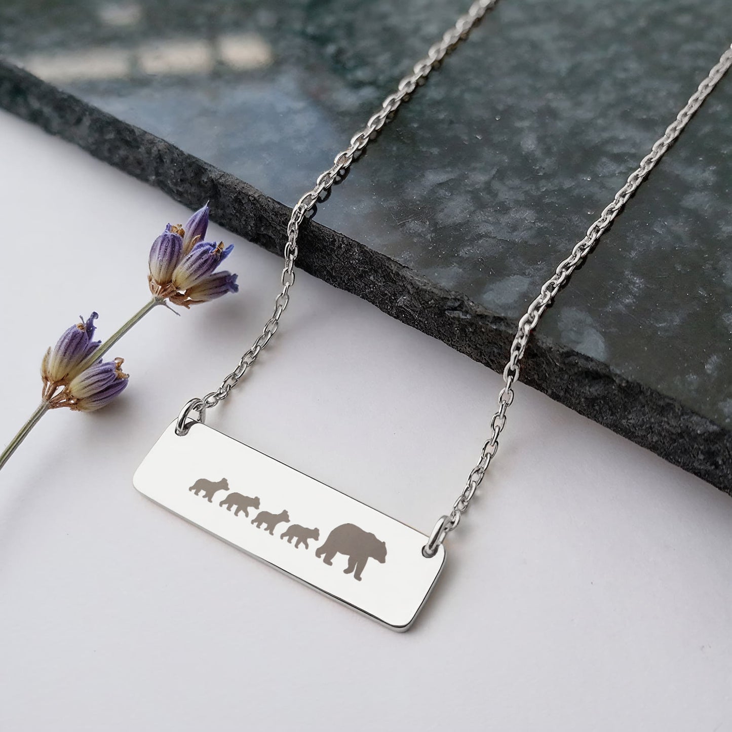 Mom Bear Engraved Vertical Bar Necklace 4 Cubs