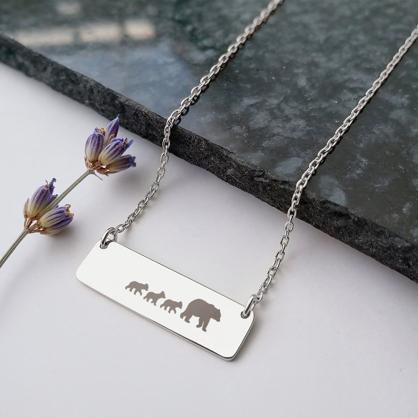 Mom Bear Engraved Vertical Bar Necklace 3 Cub