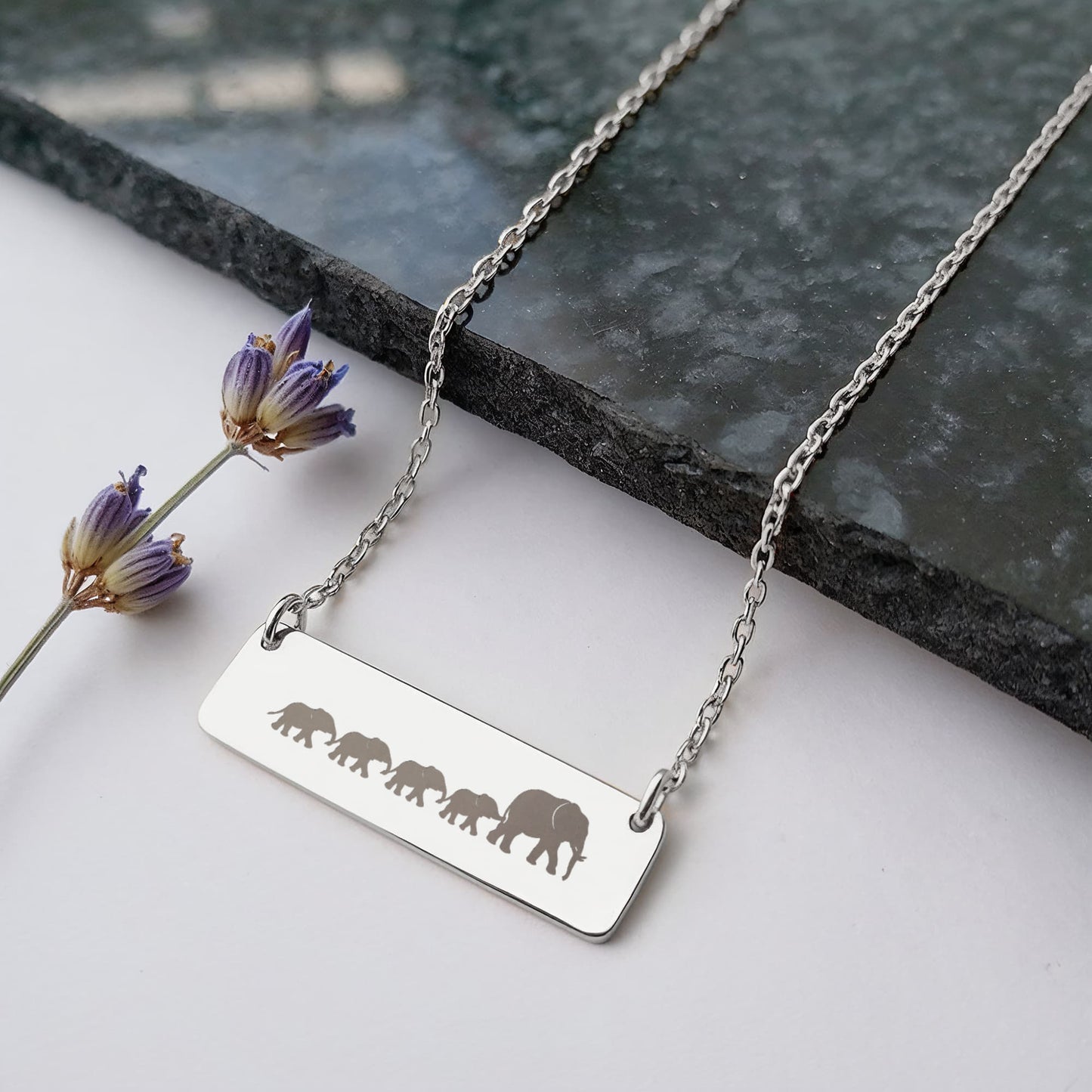 Elephant Mom Engraved Vertical Bar Necklace 4 Elephants