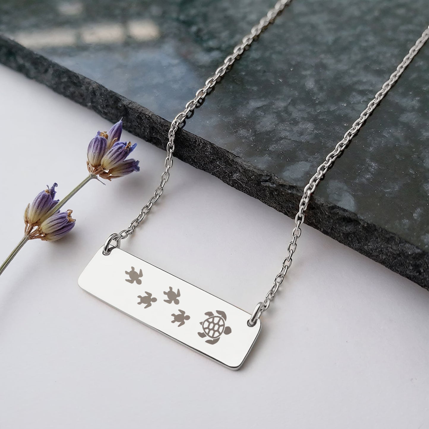 Engraved Vertical Bar Necklace 4 Turtles