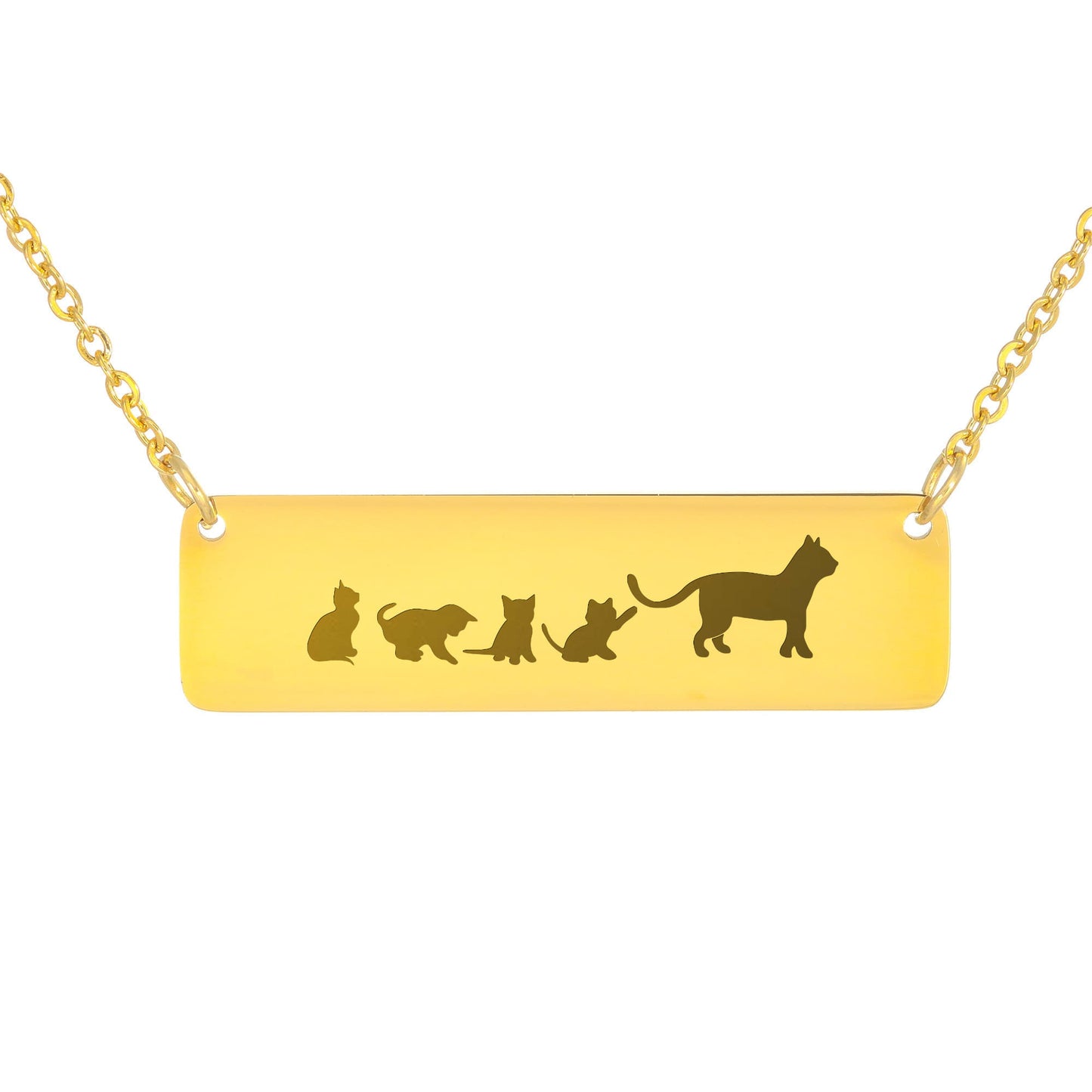 Mama Cat Engraved Vertical Bar Necklace 2 Kittens