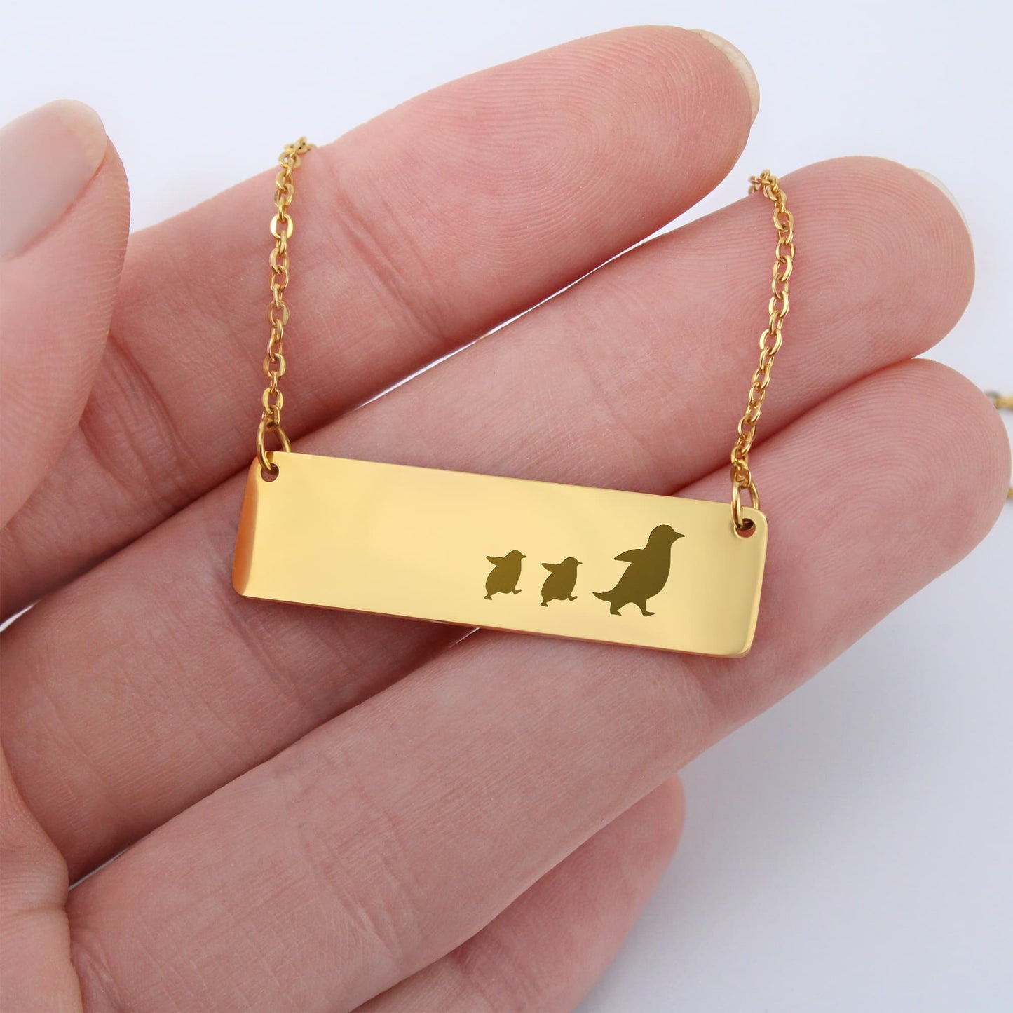 Mama Penguin Engraved Vertical Bar Necklace 2 Penguins