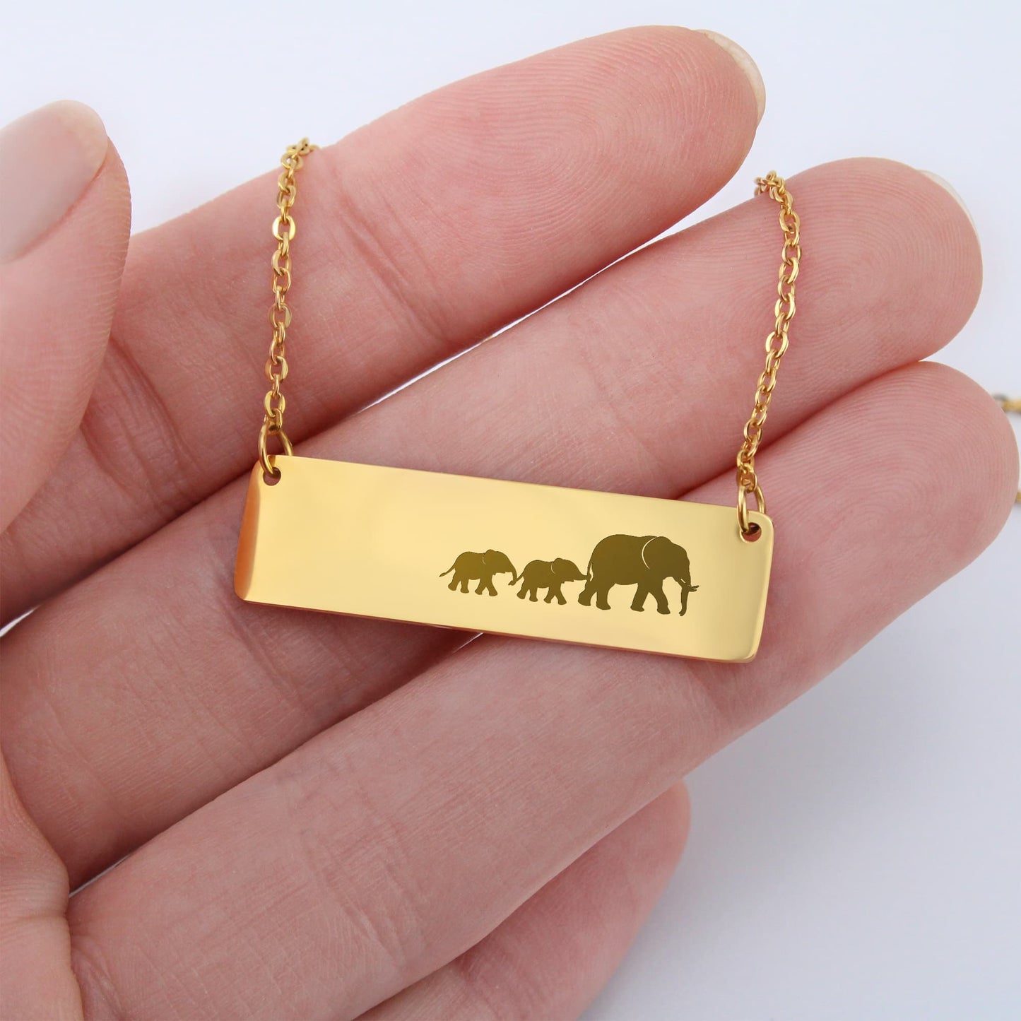 Elephant Mom Engraved Vertical Bar Necklace 2 Elephants