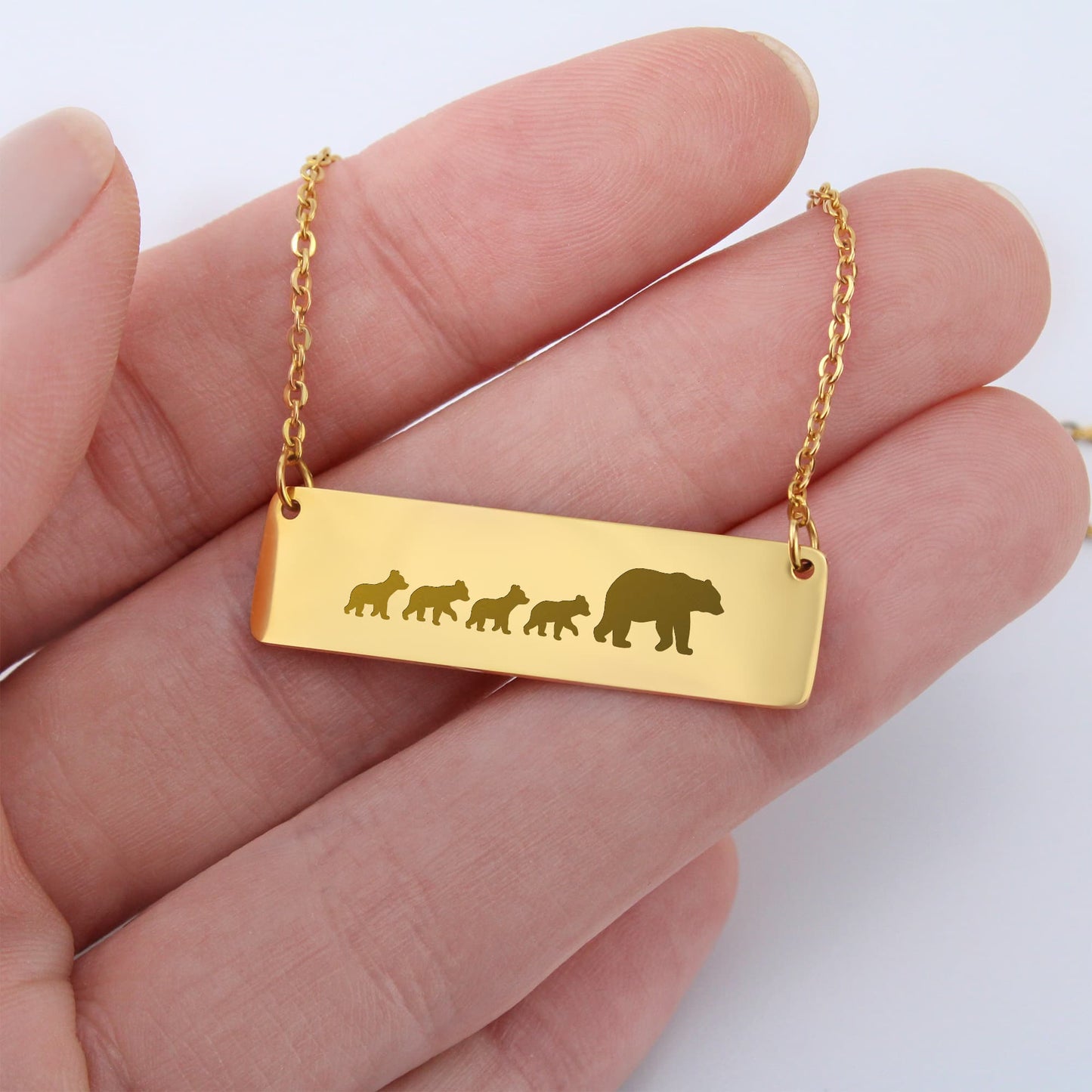 Mom Bear Engraved Vertical Bar Necklace 4 Cubs