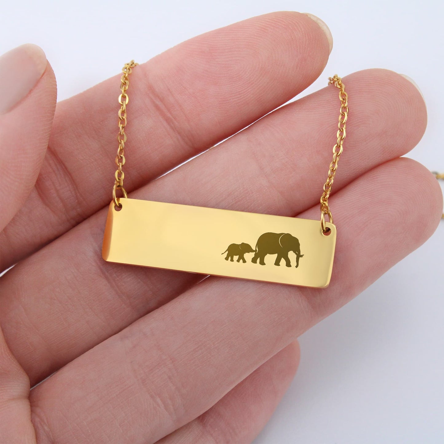 Elephant Mom Engraved Vertical Bar Necklace 2 Elephants