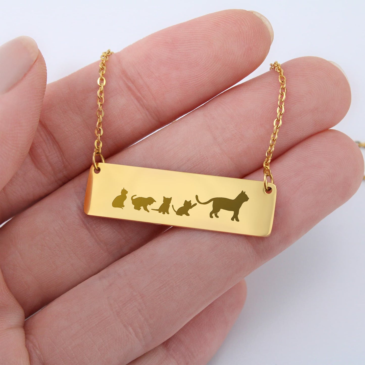 Mama Cat Engraved Vertical Bar Necklace 2 Kittens