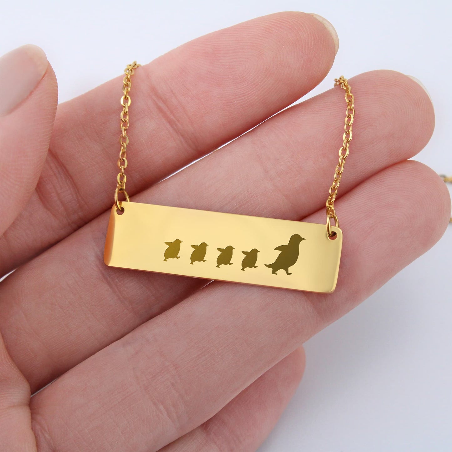 Mama Penguin Engraved Vertical Bar Necklace 3 Penguins