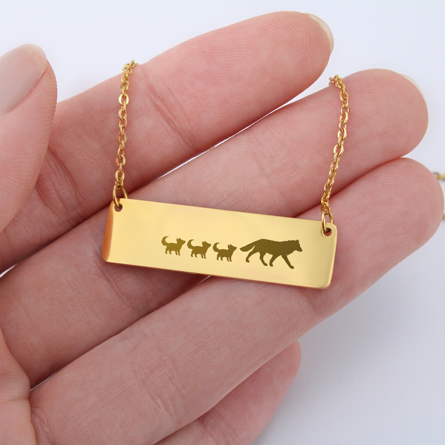 Engraved Vertical Bar Necklace 3 Wolf