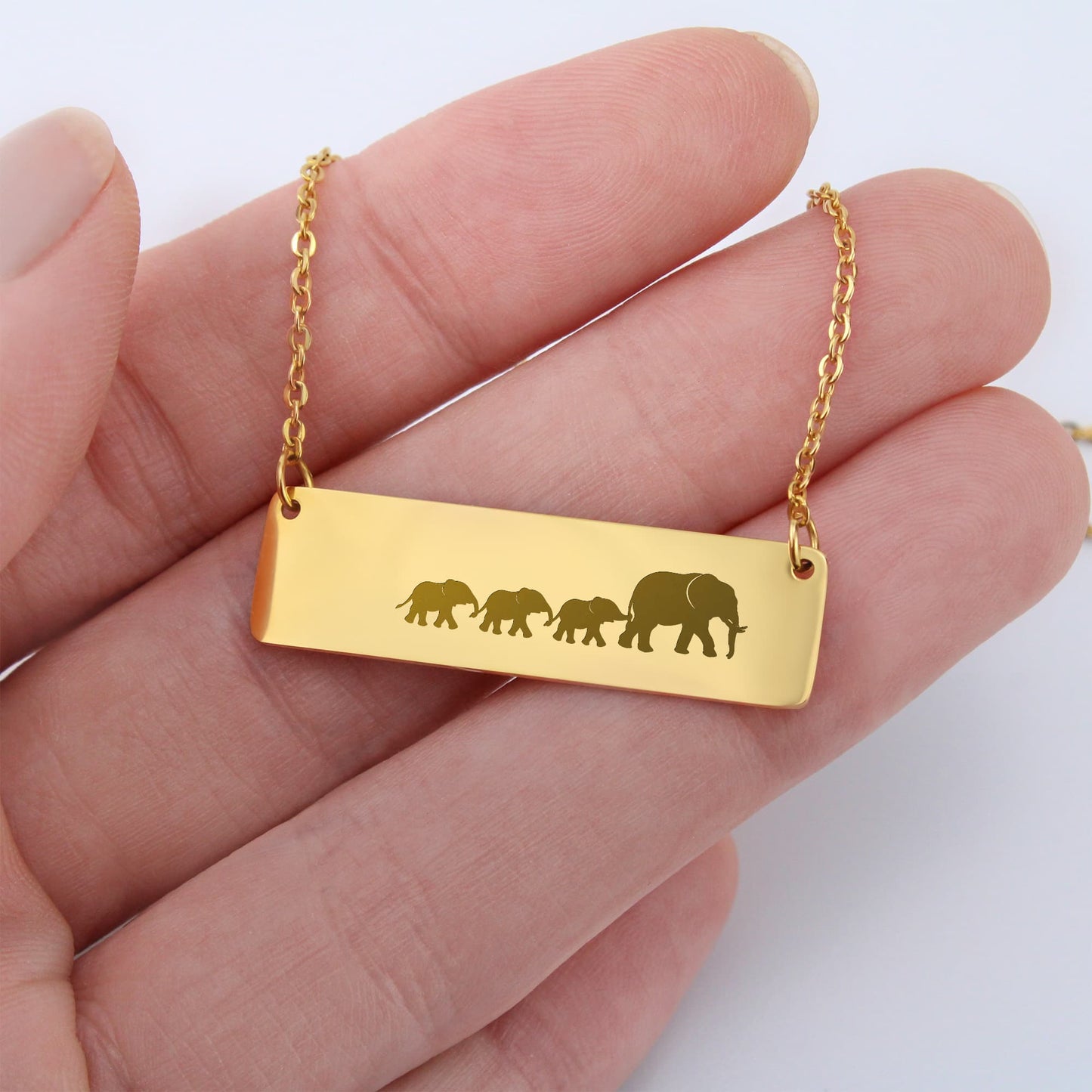 Elephant Mom Engraved Vertical Bar Necklace 3 Elephants