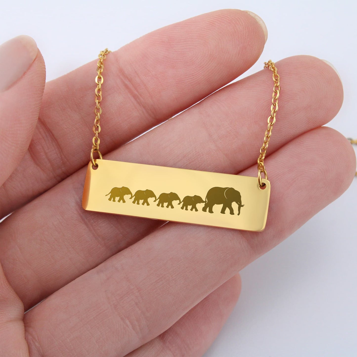 Elephant Mom Engraved Vertical Bar Necklace 4 Elephants