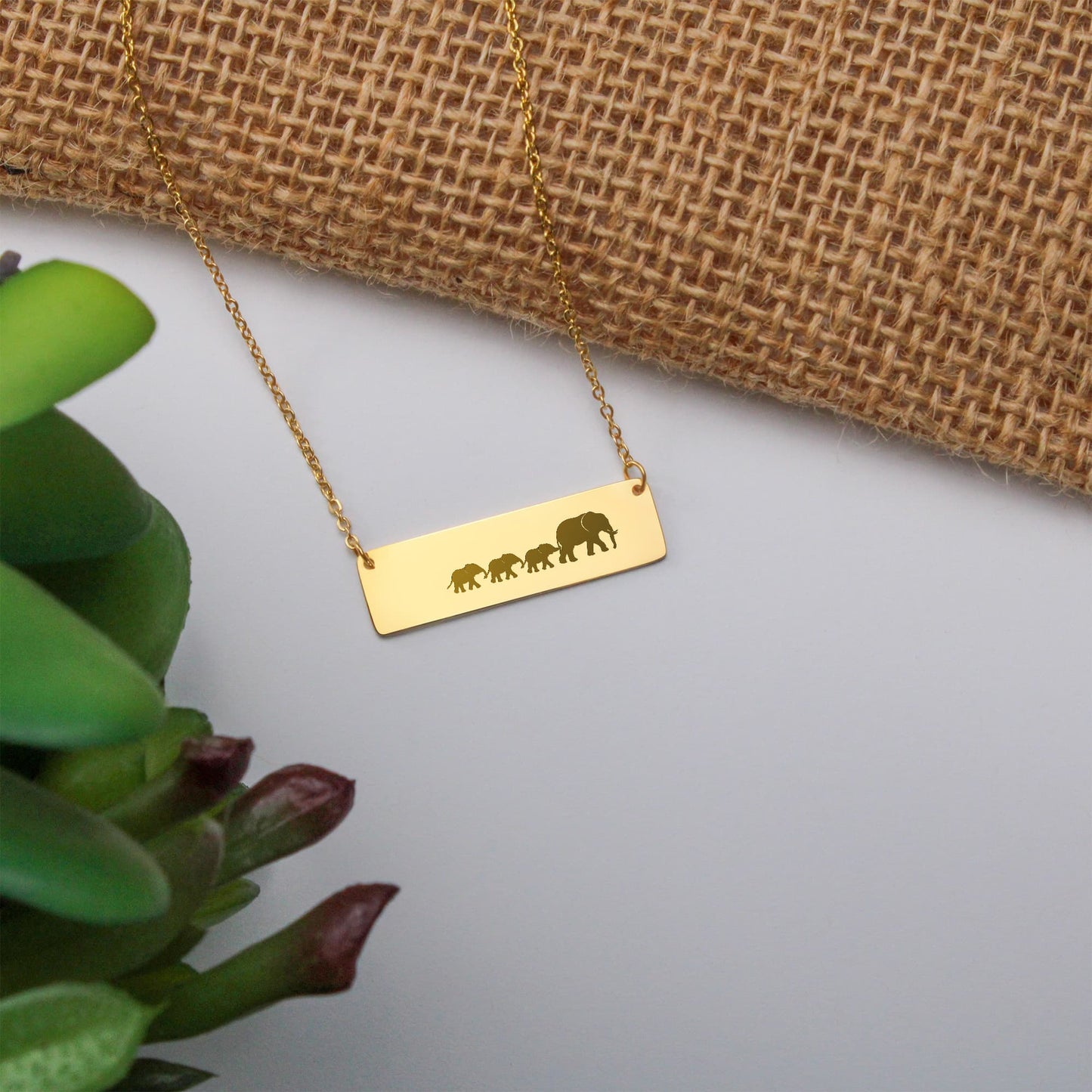 Elephant Mom Engraved Vertical Bar Necklace 3 Elephants